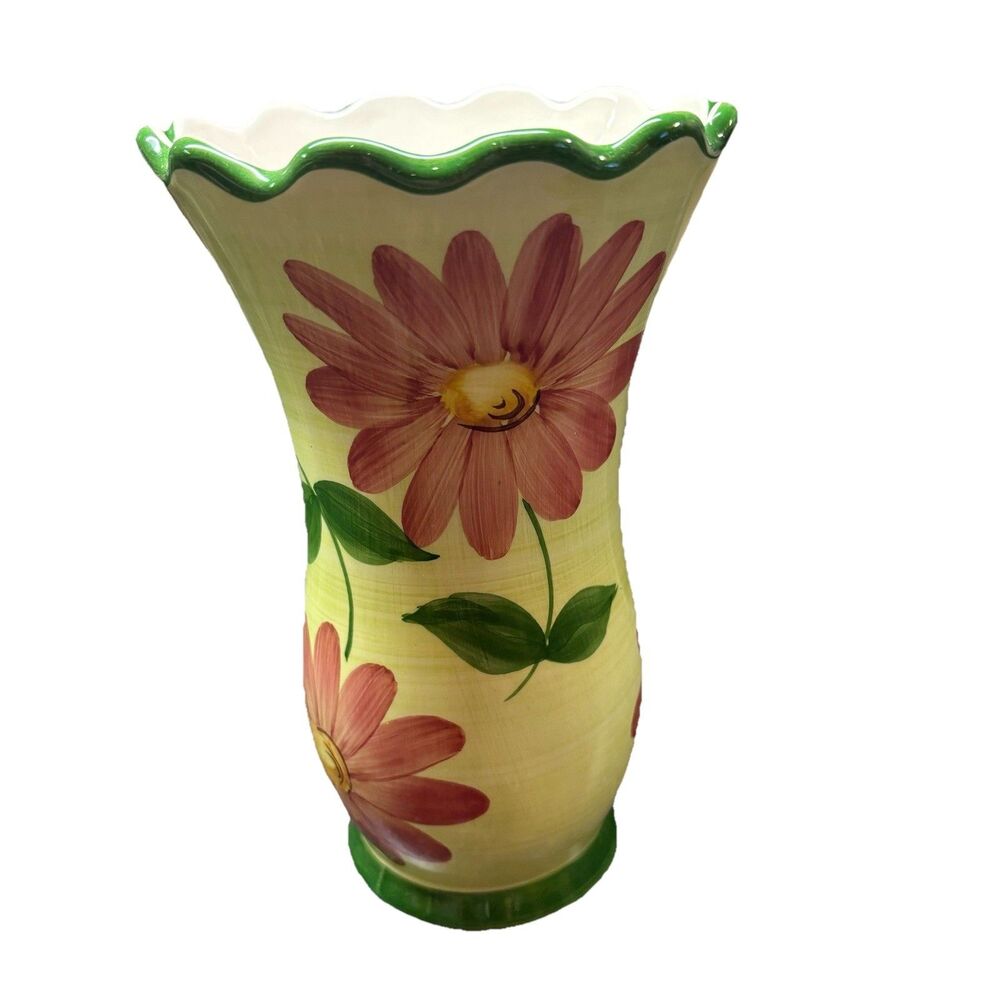 Hand Painted In Portugal PLANTER/VASE/ Flowers 8.5” Green W/Pink Flowers
